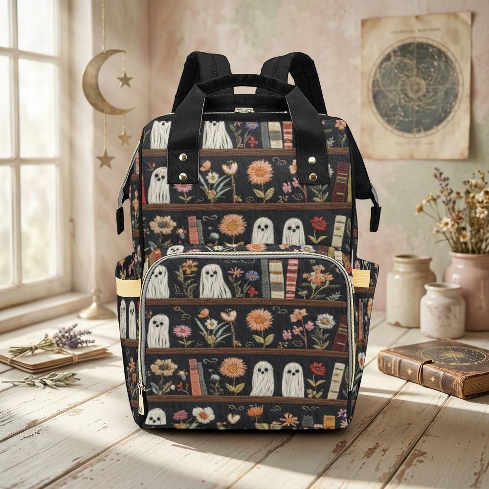 Ghost Diaper Bag Backpack, Floral Bookshelf Baby Travel Bag, Bookish Mom Backpack