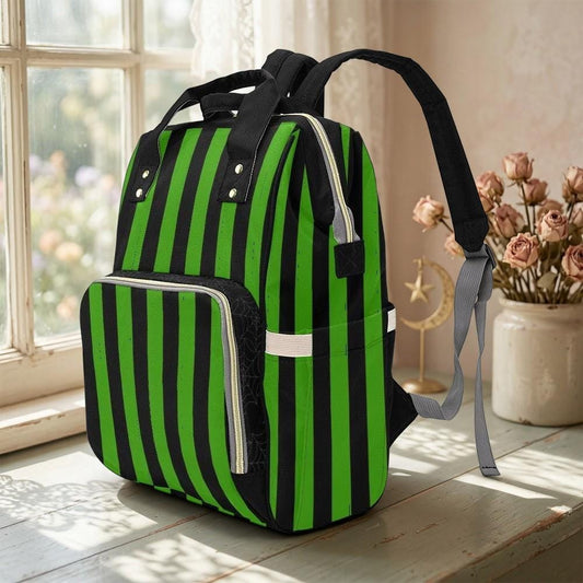Green Stripe Backpack, Punk Festival Satchel, Alt Fashion Diaper Bag, School Bag
