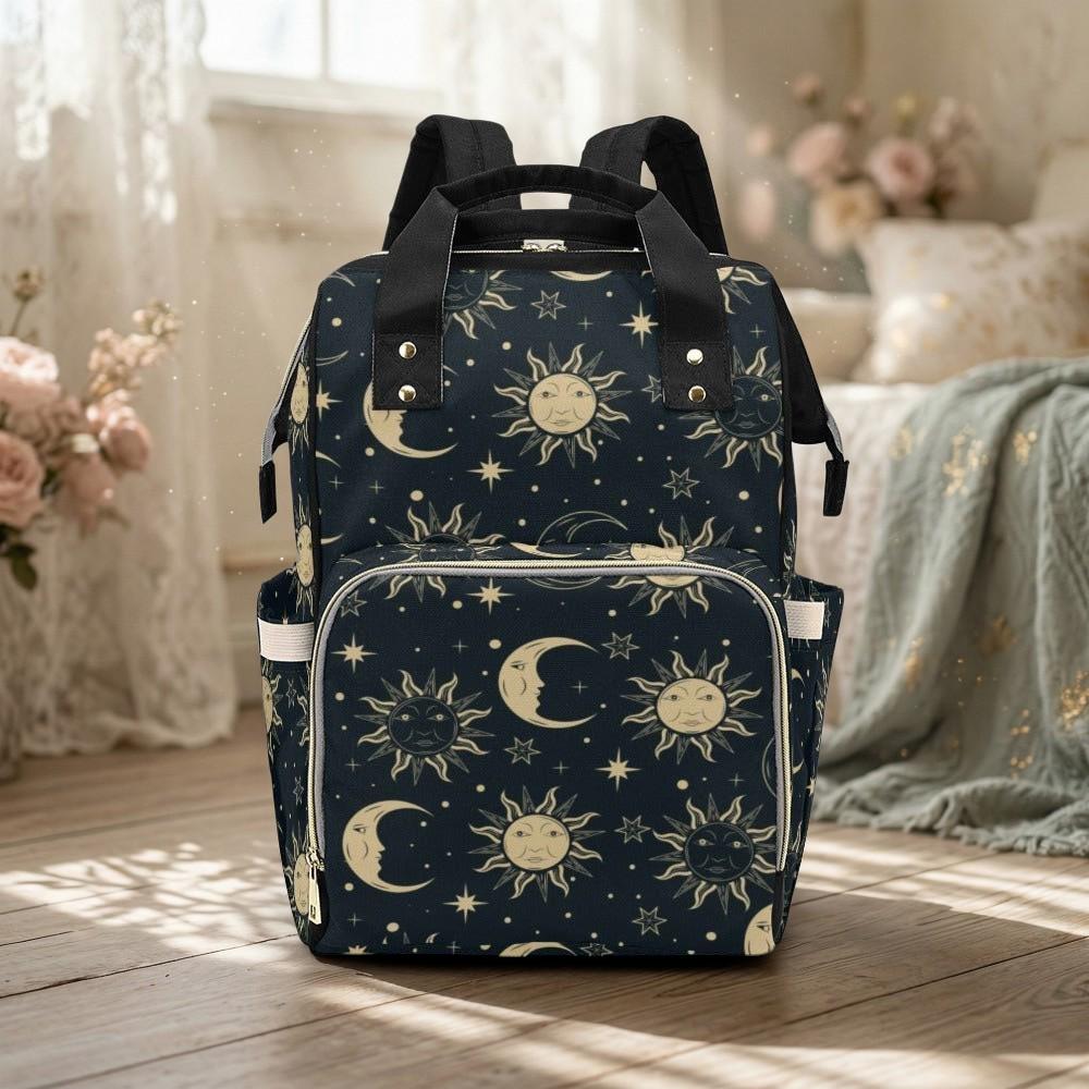Celestial sun moon backpack, mystical diaper bag for moms, starry night travel tote, gothic witchy baby bag