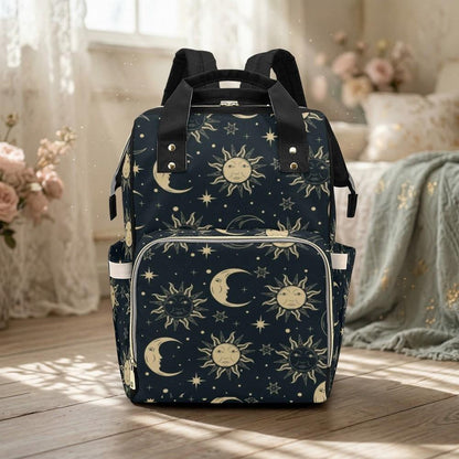 Celestial sun moon backpack, mystical diaper bag for moms, starry night travel tote