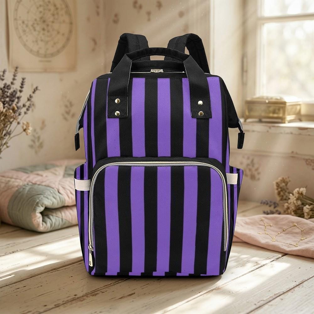 Purple Stripe Diaper Bag Backpack, Goth Mom Backpack, Baby Travel Bag