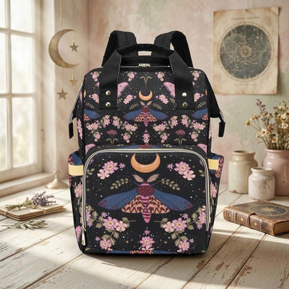 Moon Moth Diaper Backpack, Celestial Baby Bag, Boho Nursery Organizer