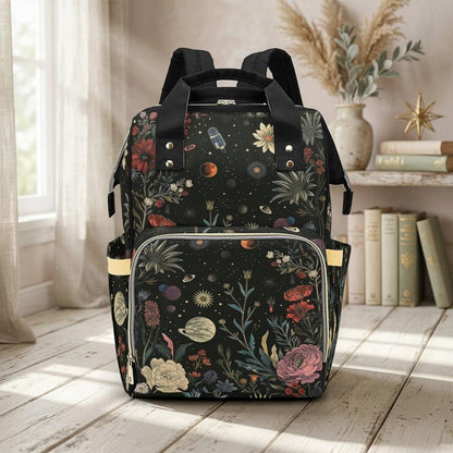 Floral Galaxy Diaper Backpack, Celestial Space Nursery Bag for Moms