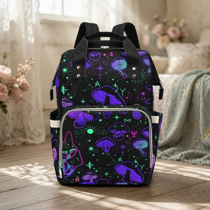 Mushroom Print Diaper Bag Backpack, Spooky Pink Skull Baby Organizer, Edgy Travel Bag for Moms