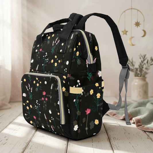 Backpack Diaper Bag, Dark Floral Meadow Backpack, Cottagecore Mom Bag, Black Wildflower Baby Backpack, Travel Organizer