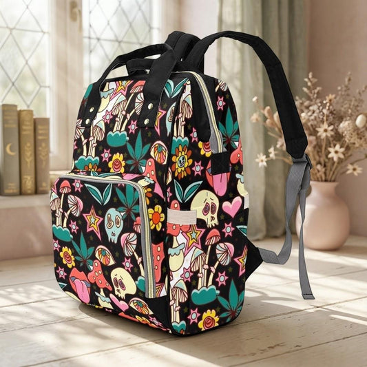 Colorful mushroom skull backpack, retro diaper bag, travel organizer, baby nursery backpack, statement print