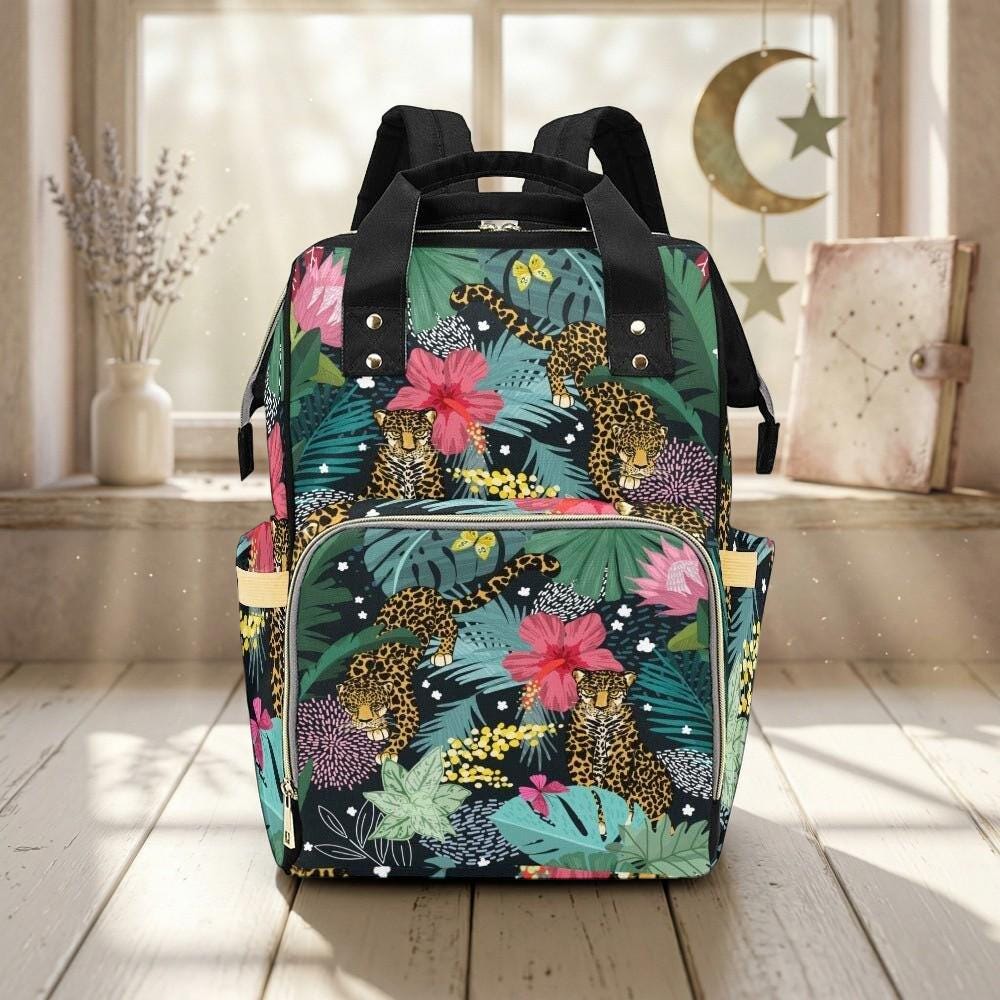 Leopard Diaper Bag Backpack, Tropical Baby Travel Bag, Floral Mom Backpack, Stroller Organizer