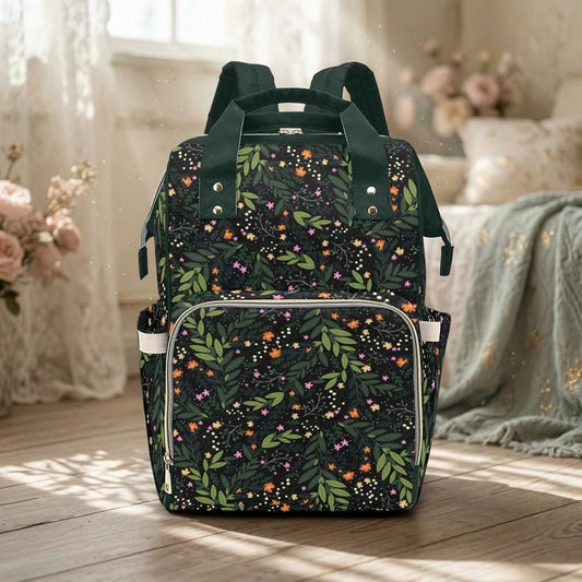 Dark Floral Diaper Backpack, Cottagecore Baby Bag, Woodland Mom Organizer, Botanical Nursery Gear