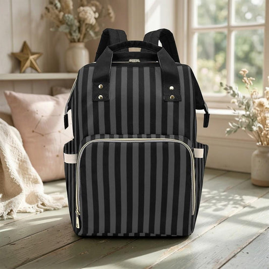 Black Striped Backpack, Gothic Diaper Bag, Dark Academia Organizer, Witchy Mom Tote, Alternative Baby Gear,Elegant Goth Gift,Goth Travel Bag