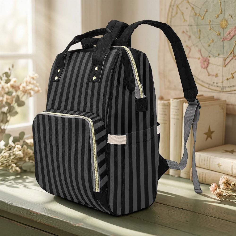 Black Striped Backpack, Gothic Diaper Bag, Dark Academia Organizer, Witchy Mom Tote, Alternative Baby Gear,Elegant Goth Gift,Goth Travel Bag