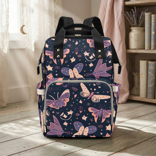 Celestial butterfly backpack, moth print diaper bag, moon star aesthetic school bag