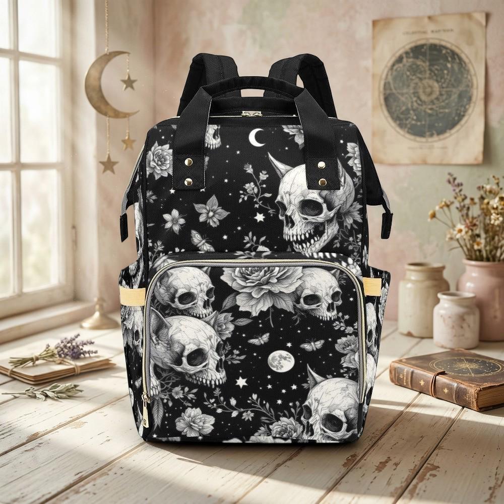 Diaper Bag Backpack, Gothic Skull Mom Bag, Celestial Baby Travel Bag