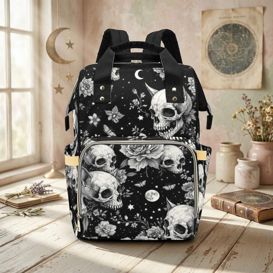 Gothic Skull Diaper Backpack with Moon and Rose Print, Dark Floral Baby Bag, Witchy Travel Bag