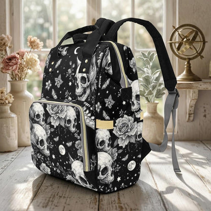 Diaper Bag Backpack, Gothic Skull Mom Bag, Celestial Baby Travel Bag