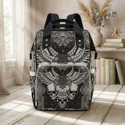 Horned Skull Diaper Backpack, Occult Gothic Baby Bag with Dark Ritual Art