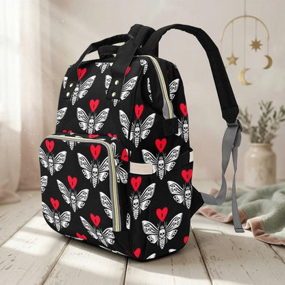Skull Moth Diaper Bag Backpack, Gothic Baby Travel Organizer, Dark Nursery Alternative Stroller Bag