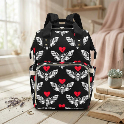 Skull Moth Diaper Bag Backpack, Gothic Baby Travel Organizer, Dark Nursery Alternative Stroller Bag