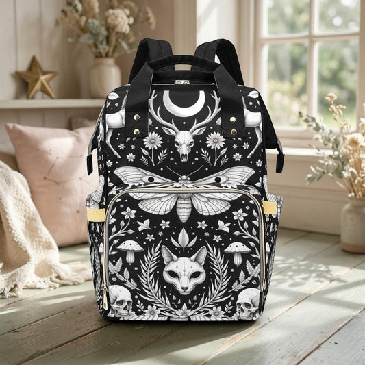 Lunar Forest Diaper Backpack Gothic Baby Bag with Moth Skull and Crescent Moon Design