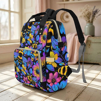 Bee Floral Diaper Backpack with Bold Botanical Print, Nature-Inspired Baby Bag for Moms
