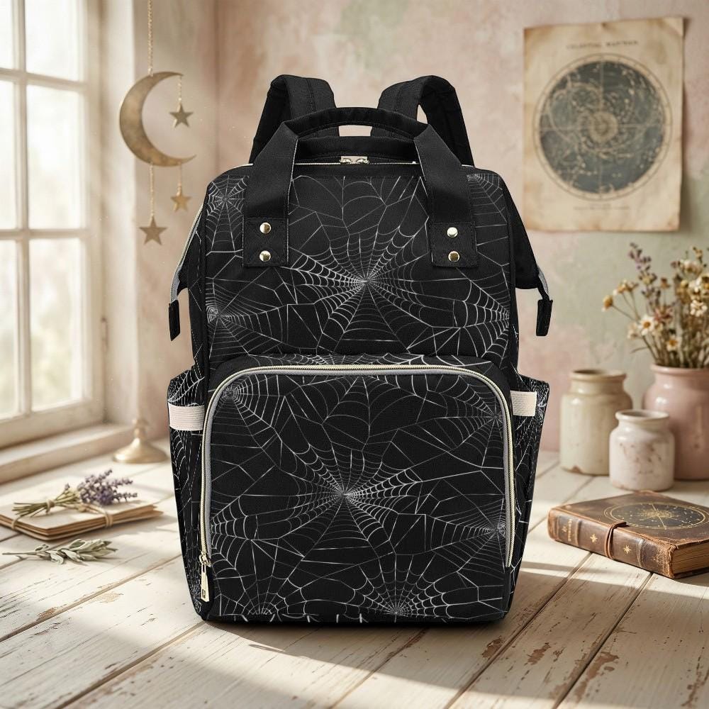 Spiderweb Pattern Diaper Backpack, Gothic Baby Bag, Occult Web Design