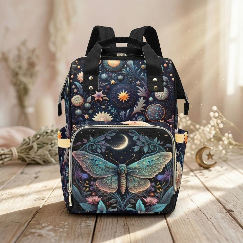 Moth Diaper Bag Backpack, Moon Baby Travel Bag, Enchanted Nursery Organizer