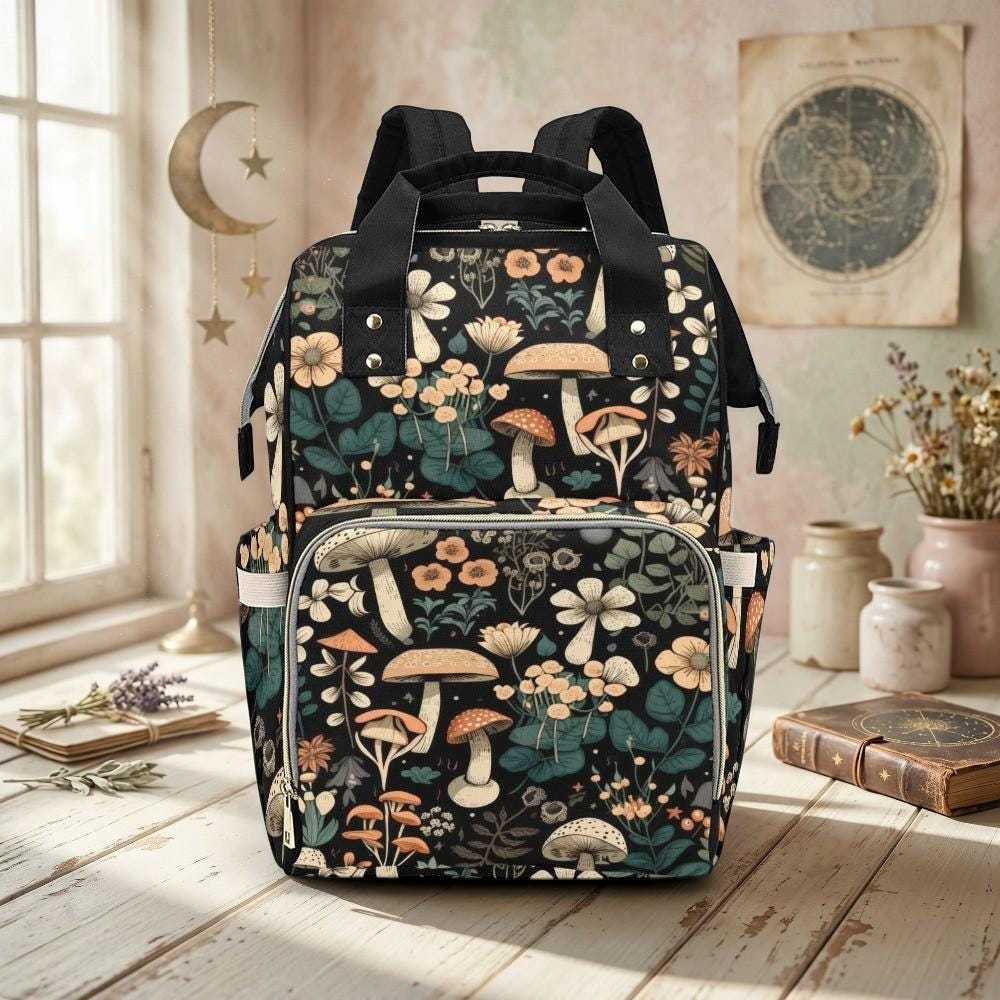Mushroom Diaper Bag Backpack, Floral Baby Travel Bag, Cottagecore Mom Backpack Gift