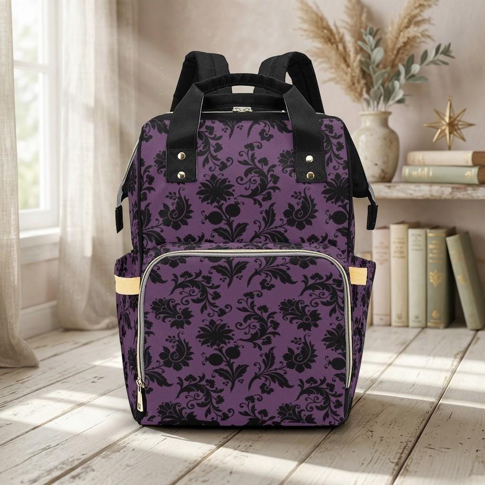 Gothic Diaper Bag Backpack, Purple Damask Baby Bag, Nursery Organizer