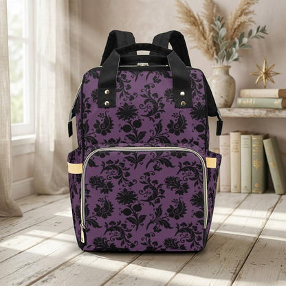 Gothic Diaper Bag Backpack, Purple Damask Baby Bag, Nursery Organizer