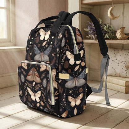 Moth Print Diaper Bag Backpack, Woodland Nursery Bag, Boho Mom Travel Pack