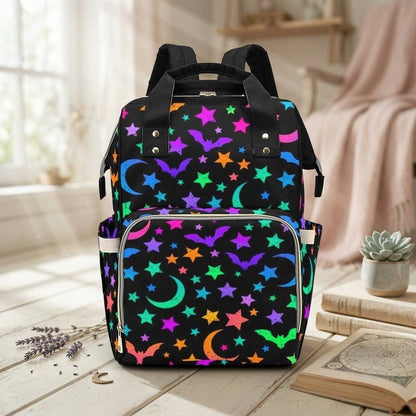 Spooky Diaper Bag Backpack, Neon Bat Moon Baby Bag, Halloween Mom Backpack