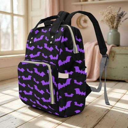 Purple Bat Diaper Bag Backpack, Gothic Baby Travel Bag, Halloween Stroller Bag
