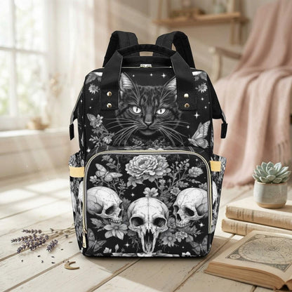 Goth Diaper Bag Backpack, Black Cat Baby Travel Bag, Skull Stroller Organizer