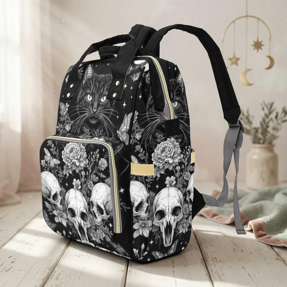 Goth Diaper Bag Backpack, Black Cat Baby Travel Bag, Skull Stroller Organizer