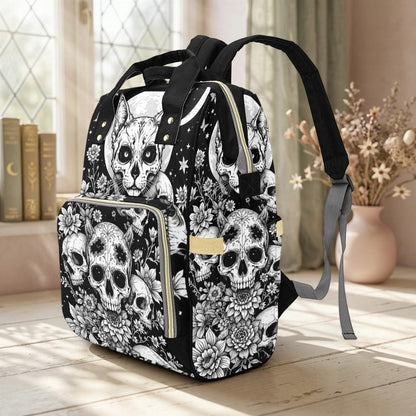 Gothic Diaper Bag Backpack, Skull Cat Mom Backpack, Baby Travel Organizer