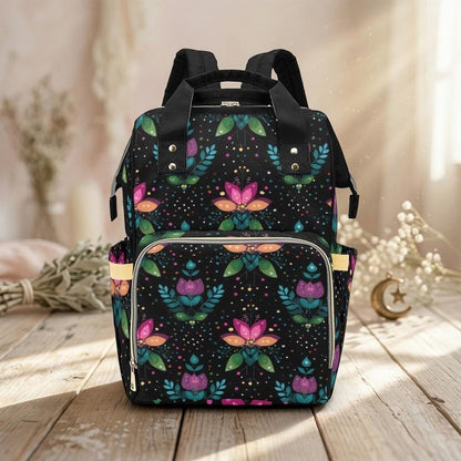 Folk Art Tulip Diaper Bag Backpack, Boho Baby Travel Pack for Moms
