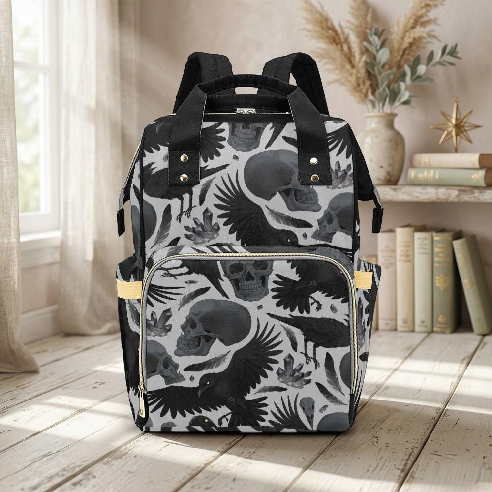 Diaper Bag Backpack, Raven Skull Goth Mom Backpack, Baby Travel Nursery Organizer