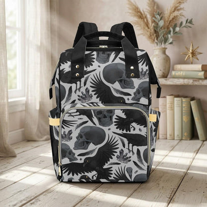 Diaper Bag Backpack, Raven Skull Goth Mom Backpack, Baby Travel Nursery Organizer