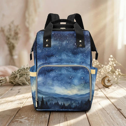 Mountain Diaper Bag Backpack with Night Sky Print, Woodland Baby Bag, Mom Backpack