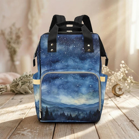 Mountain Diaper Bag Backpack with Night Sky Print, Woodland Baby Bag, Mom Backpack