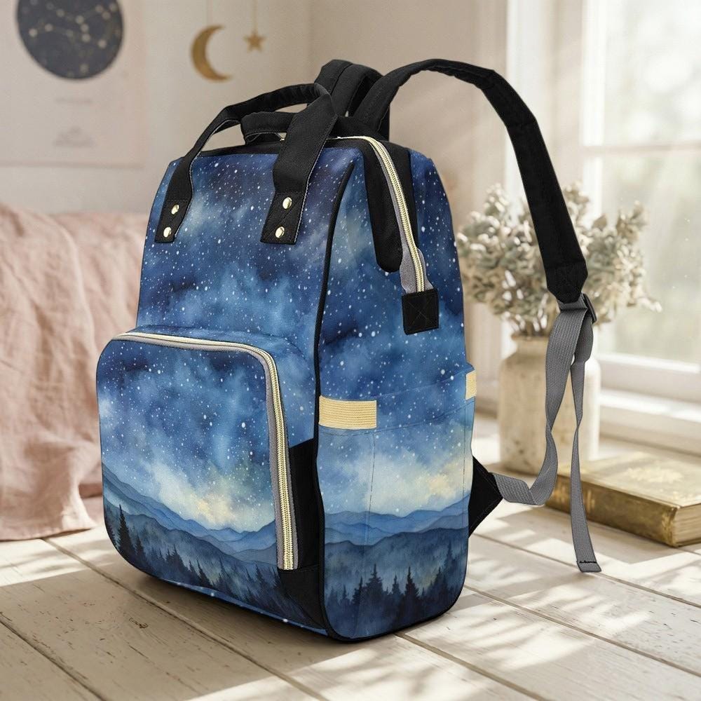 Mountain Diaper Bag Backpack with Night Sky Print, Woodland Baby Bag, Mom Backpack