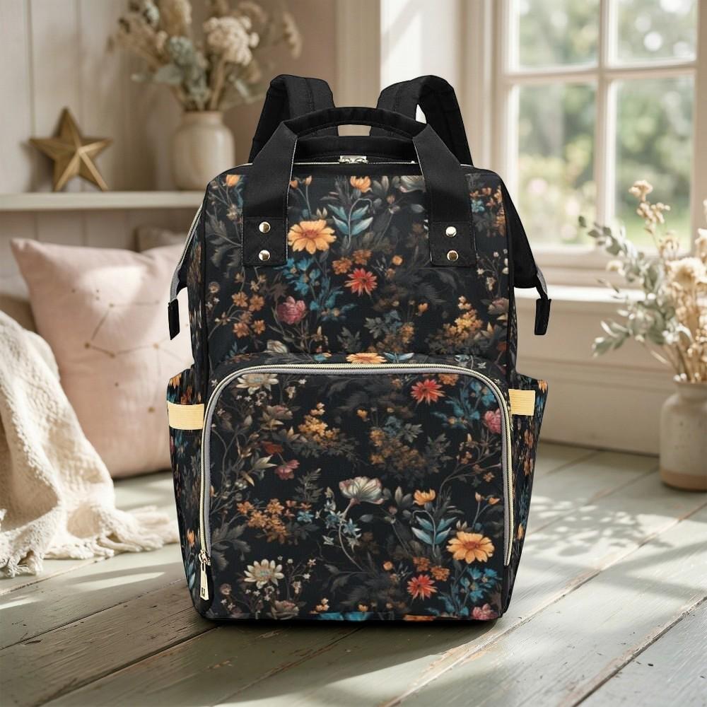 Vintage Floral Diaper Backpack Dark Wildflower Baby Bag for Boho Moms