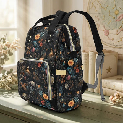 Vintage Floral Diaper Backpack Dark Wildflower Baby Bag for Boho Moms