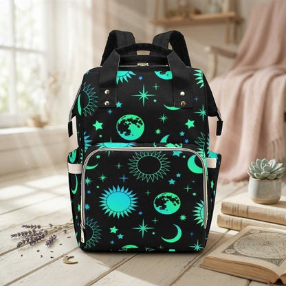 Celestial Diaper Backpack, Teal Moon Sun Star Mom Bag, Cosmic Nursery Organizer, Witchy Space Print Travel Bag