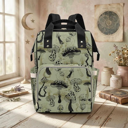 Mushroom Diaper Backpack, Woodland Baby Travel Bag, Sage Green Mom Bag