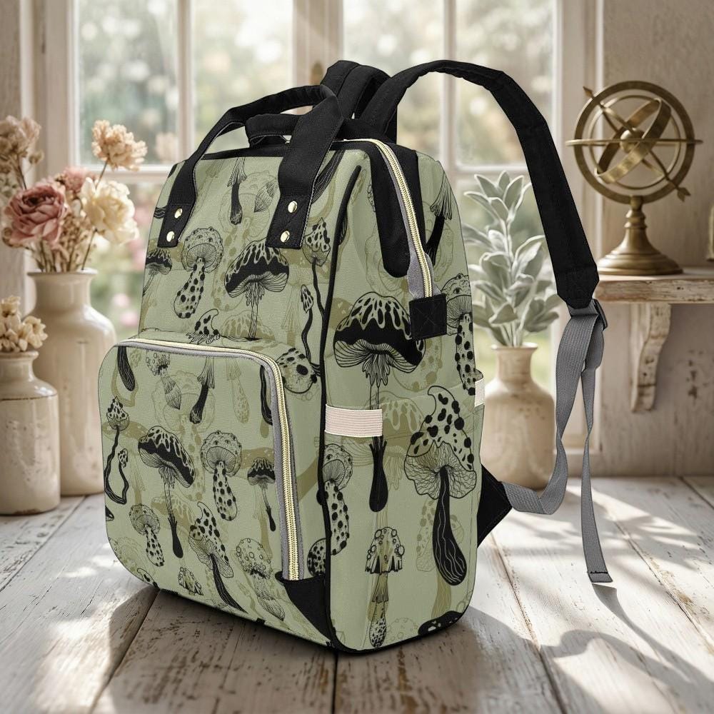 Mushroom Diaper Backpack, Woodland Baby Travel Bag, Sage Green Mom Bag