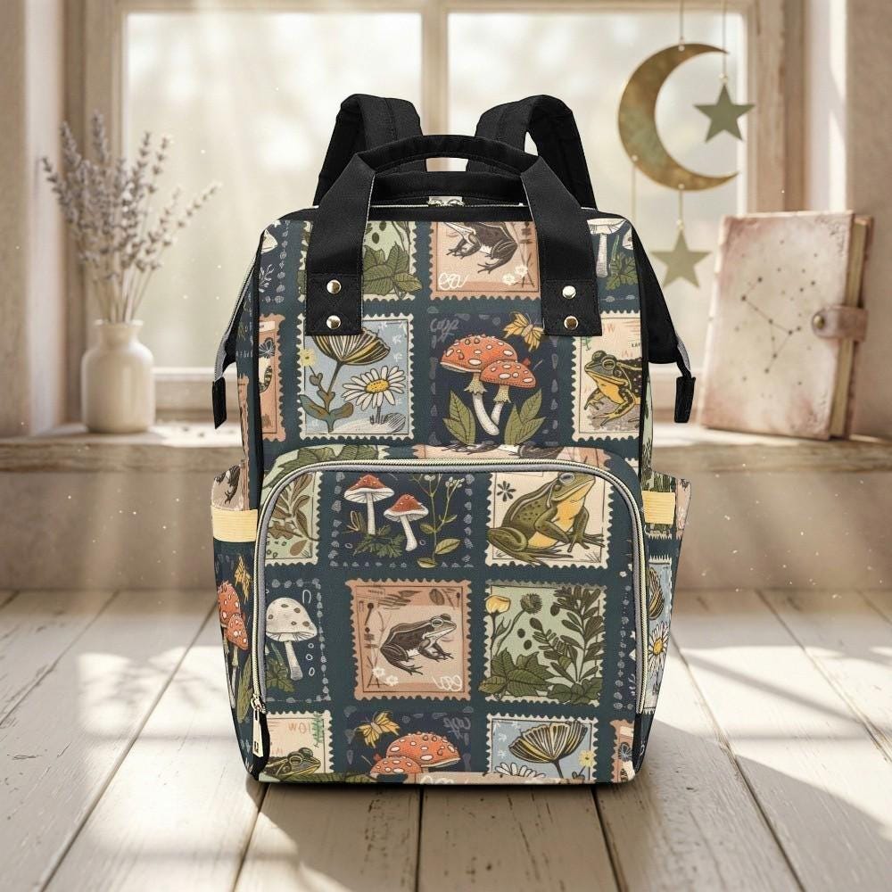 Frog Diaper Bag Backpack, Nature Stamp Baby Bag, Nursery Organizer