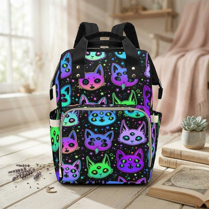 Diaper bag backpack with neon cats, mom travel bag, baby organizer backpack