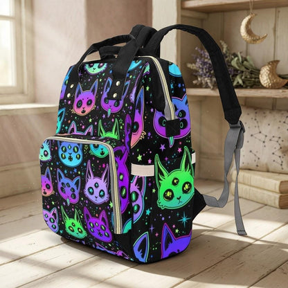 Diaper bag backpack with neon cats, mom travel bag, baby organizer backpack