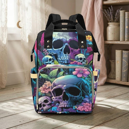 Pastel Skull Floral Diaper Backpack, Gothic Baby Tote, Spooky Mom Bag with Neon Skulls