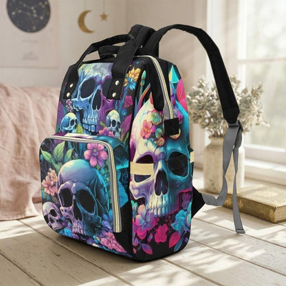 Pastel Skull Floral Diaper Backpack, Gothic Baby Tote, Spooky Mom Bag with Neon Skulls